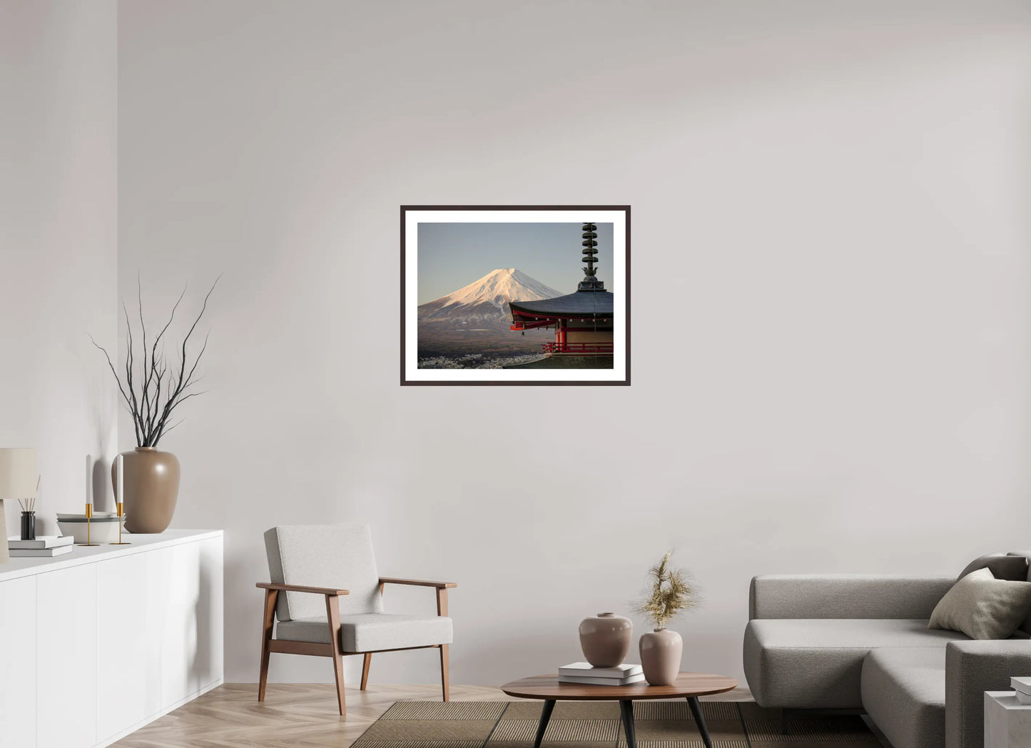 80 x 60 cm, Cadre Photo du Japon: Mont Fuji et pagode Chureito - Lever de soleil hivernal