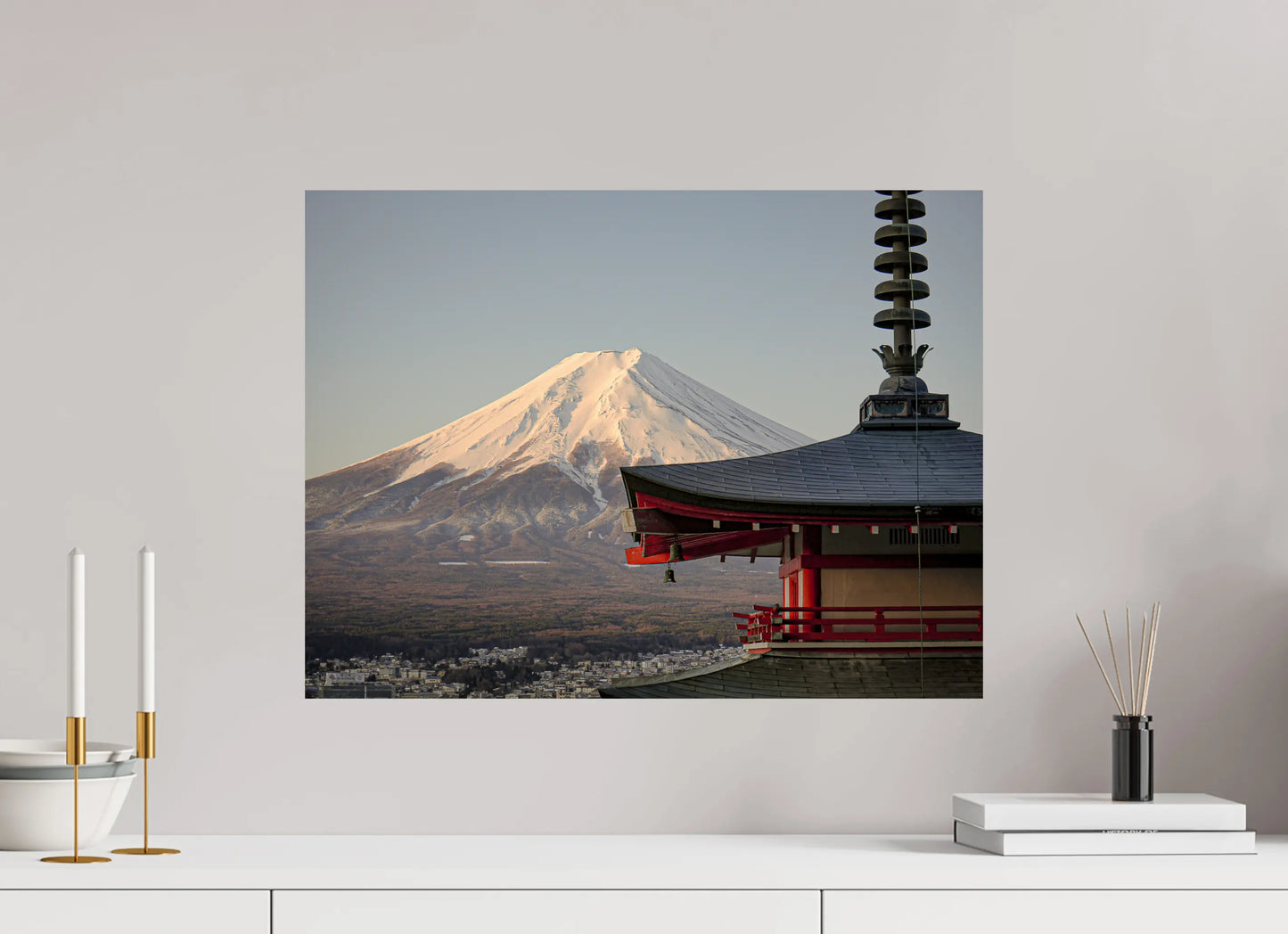 60 x 45 cm, Tirage Photo Photo du Japon: Mont Fuji et pagode Chureito - Lever de soleil hivernal