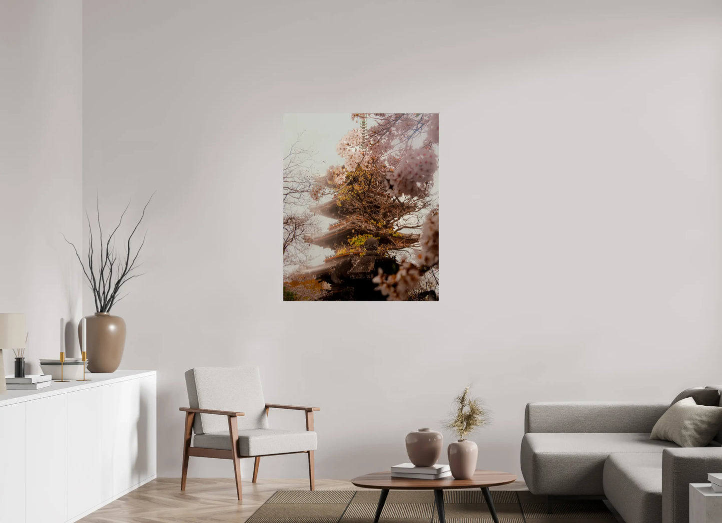 90 x 108,8 cm, Tirage Photo Photo du Japon: Pagode et sakura - Cerisiers en fleurs printemps