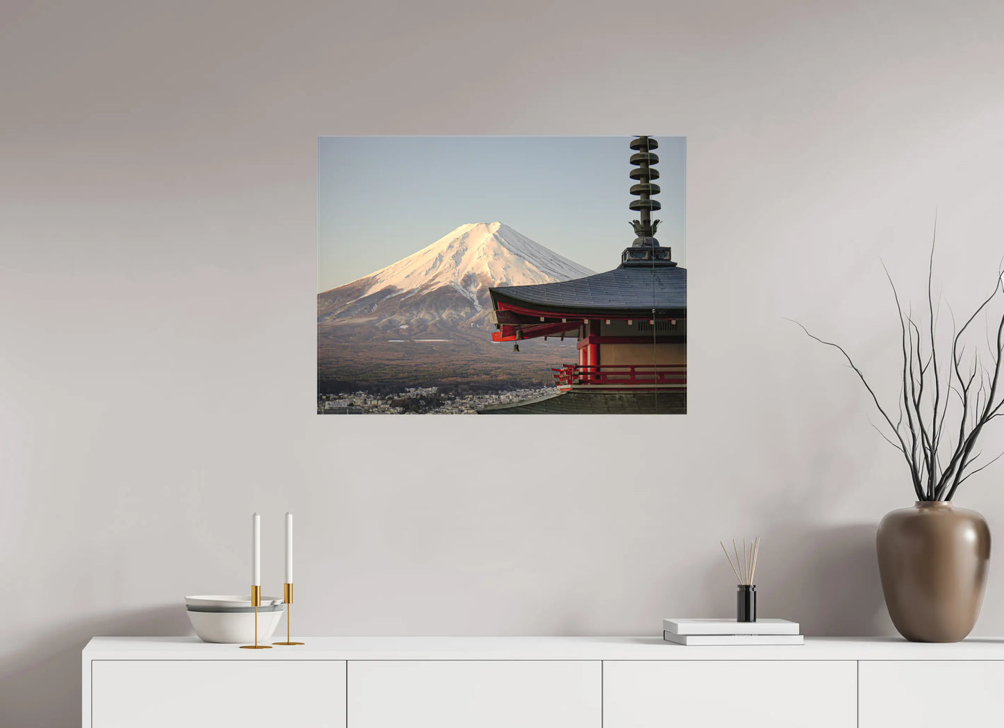 80 x 60 cm, toile Photo du Japon: Mont Fuji et pagode Chureito - Lever de soleil hivernal