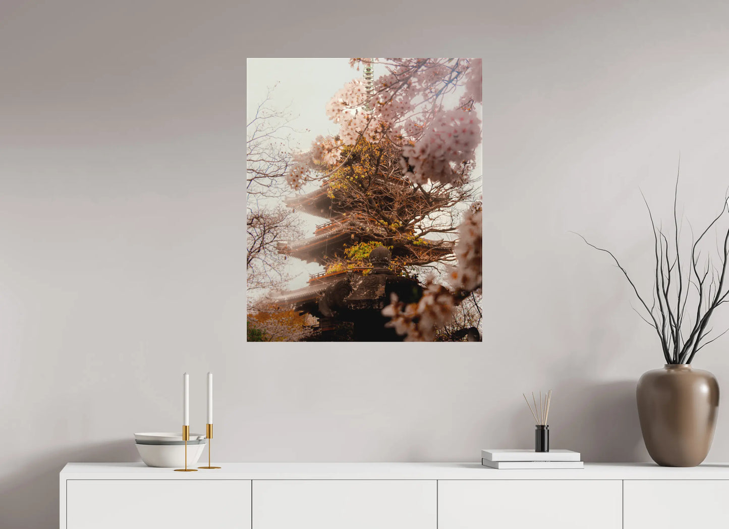 70 x 84,6 cm, toile Photo du Japon: Pagode et sakura - Cerisiers en fleurs printemps